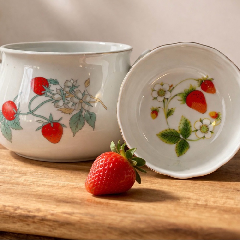 Ceramic Strawberry Serving Bowl and Dish - White with Red Strawberry Motif